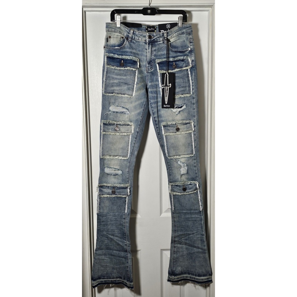 Doctrine Super Stacked Pocket Front Jeans Size 32 Distressed Savant Med Indigo